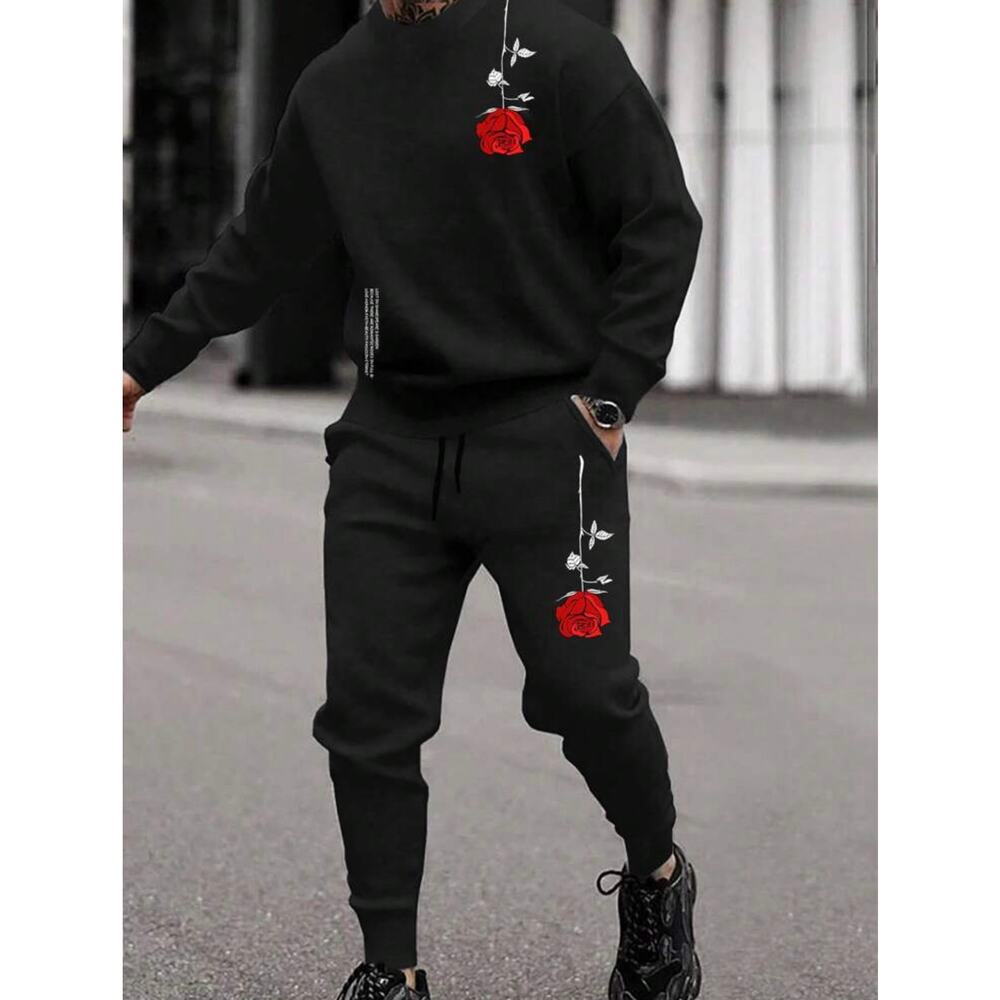 Homme Men Floral Print Thermal Lined Hoodie & Drawstring Waist Sweatpants MEDIUM